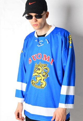 VINTAGE 90S BLUE FINLAND HOCKEY JERSEY SHIRT