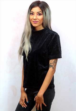 1990S VINTAGE JET BLACK VELVETEEN TURTLE NECK TOP