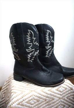 Vintage Black Genuine Leather Biker Boots Shoes Cowboy boots