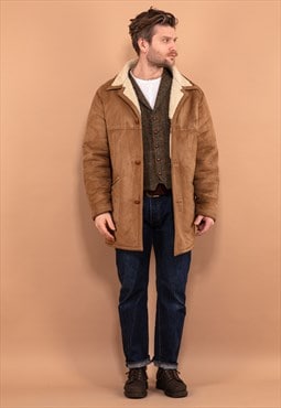 Vintage 90's Men Faux Sheepskin Coat in Beige