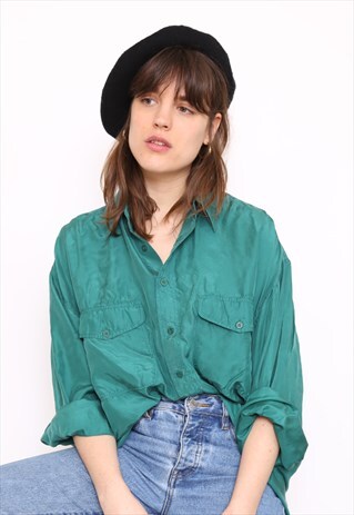 VINTAGE 90S GREEN SILK OVERSIZED BLOUSE SHIRT
