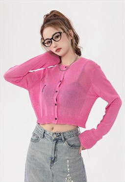 Sheer knitted top long sleeve transparent mesh top in pink 