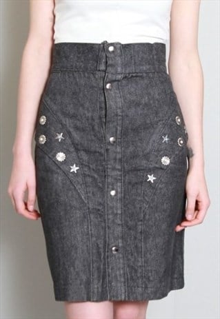 VINTAGE 1990'S DARK GREY EMBELLISHED DENIM PENCIL SKIRT