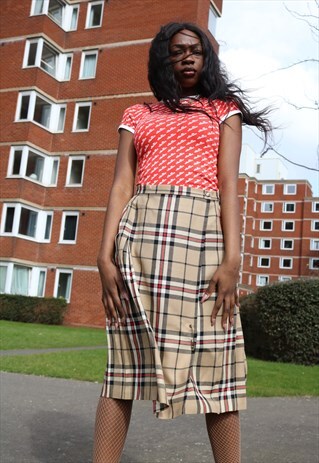90S PLEATED CHECKED TARTAN MIDI SKIRT