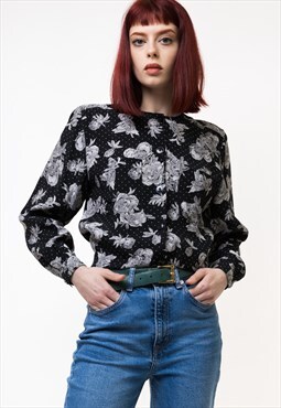 Women Floral Blouse vintage 80s Collar Shirt 5144