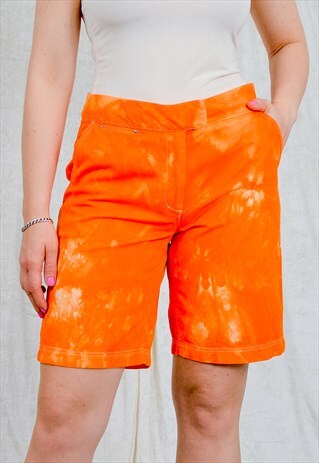 TIE DYE SHORTS W34 ORANGE VINTAGE JEANS HIGH WAIST WOMEN XL