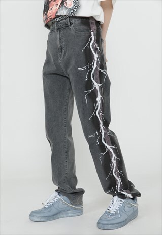 LIGHTING BOLT GRAFFITI JEANS LIGHT FLAME DENIM OVERALLS GREY