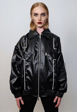 Faux leather motorcycle jacket contrast stitch biker jacket