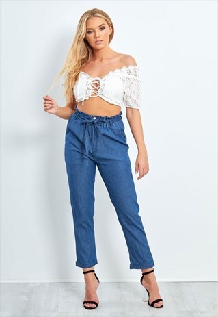 DENIM HIGH WASITED STRAIGHT LEG TROUSERS