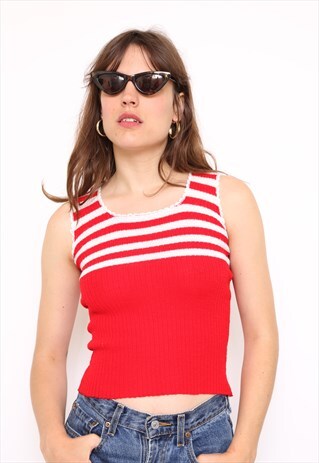 VINTAGE 70S RED STRIPE STRETCH KNIT T-SHIRT TOP