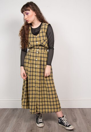 VINTAGE 90'S YELLOW CHECK GRUNGE MIDI DRESS