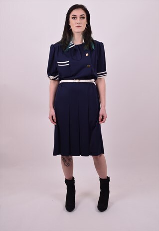 VINTAGE 70'S BLUE WHITE TRIM DRESS SIZE 12 14 SMALL 16