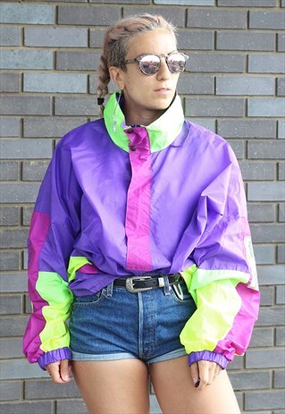 VINTAGE 1990S NEON PURPLE COLOUR BLOCK WINDBREAKER JACKET