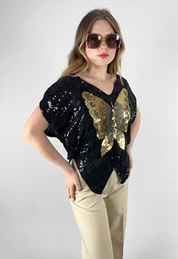 Vintage 70's Iconic Black Gold Sequin Butterfly Ladies Top