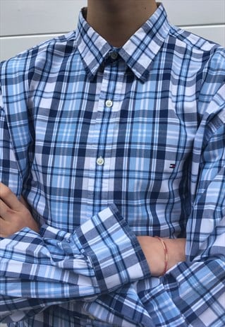 MENS VINTAGE TOMMY HILFIGER BLUE WHITE CHECKED SHIRT TOP
