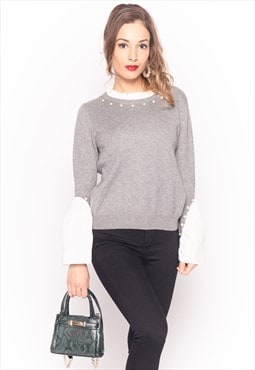 Grey Jumper with Shirt Details & Pearl Embellishments