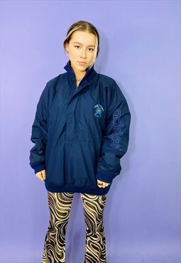 Vintage 80s Adidas Embroidered Quarter Zip Navy Puffer Coat