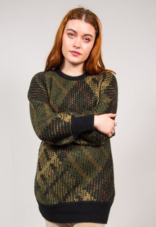 VINTAGE 90'S GREEN TARTAN PATTERN KNIT JUMPER