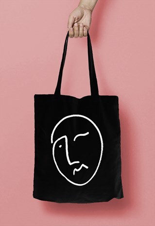 FACE LINE DRAWING PRINT COTTON TOTE BAG SHOPPER BLACK WHITE
