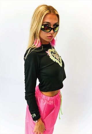 JUNGLECLUB 90'S LONG SLEEVES TOP WITH LIME GREEN HEART PRINT