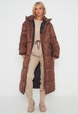 JUSTYOUROUTFIT Long Hooded Duvet Coat Brown