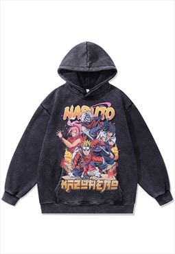 Anime hoodie vintage wash pullover Naruto jumper in grey