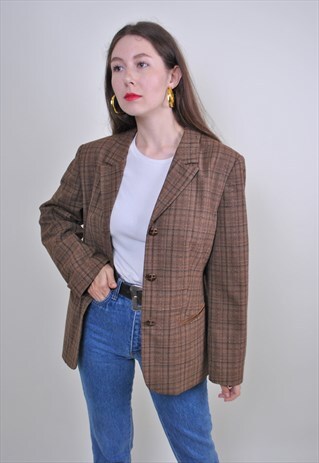 80S BROWN PATTERN BLAZER, VINTAGE BUTTONS PLAID SUIT JACKET