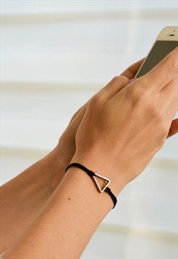 Black cord bracelet silver triangle charm jewelry gift her