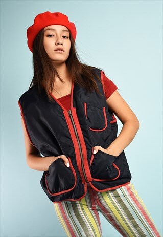 VINTAGE 80S UTILITY CARGO OVERSIZED GILET JACKET IN BLUE