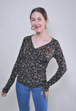 Vintage floral print brown blouse, 90s pullover shirt 