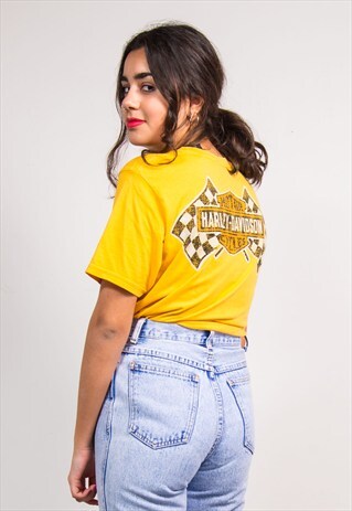 VINTAGE 90'S YELLOW HARLEY DAVIDSON FLAG T-SHIRT