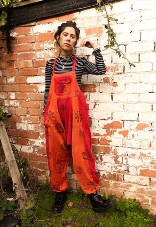 FAIRTRADE RED & ORANGE BLOCK PRINT OVERALLS DUNGAREES