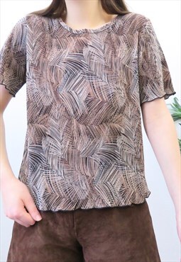 90s Vintage Brown Abstract Plisse Blouse