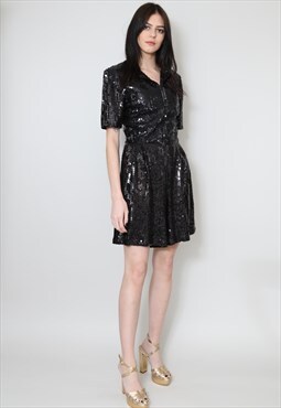 Vintage 70's Ladies All In One Playsuit  Black Sequin