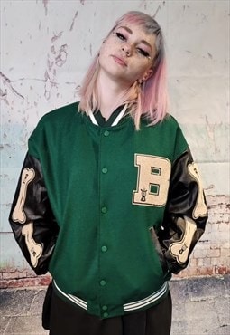 USA varsity fleece jacket PU leather sleeve MA bomber green