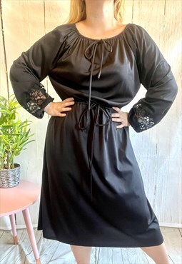 Vintage Black Tie Up Lace Panel Sleeves 80's Midi Dress