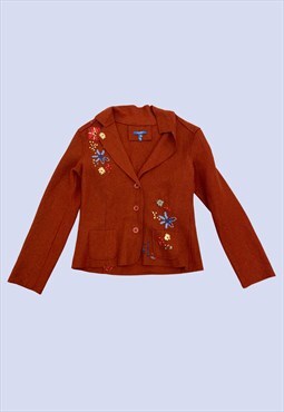 Rust Orange Tweed Wool Embroidered Stitch Floral Jacket