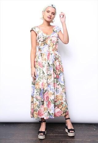 VINTAGE 80S ROSE FLORAL PRINT MIDI DRESS