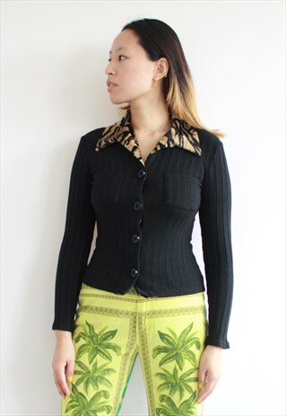 VINTAGE BLACK MORGAN DE TOI CARDIGAN LEOPARD COLLAR