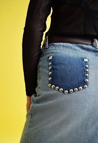 90'S RETRO DENIM STONEWASH HIGHWAISTED MOM'S MIDI SKIRT