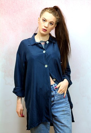 1990S VINTAGE DARK BLUE PURE SILK LONG SLEEVE SHIRT