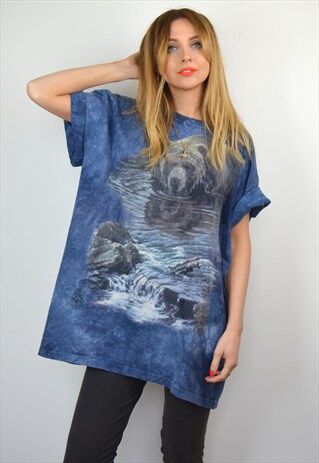 VINTAGE 90S OVERSIZED BLUE BEAR ANIMAL PRINT T-SHIRT
