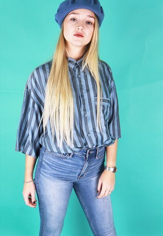 BLUE STRIPE PURE SILK SHORT SLEEVED BOYFRIEND SHIRT