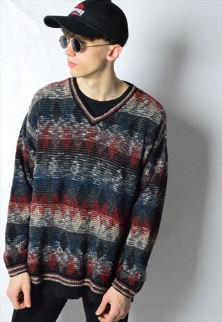 MISSONI VINTAGE 90S AZTEC WOOL KNIT V-NECK JUMPER