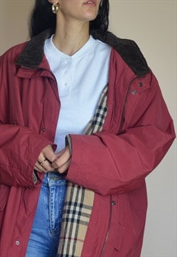 Vintage Burberry Nova Check Winter Coat in Burgundy 