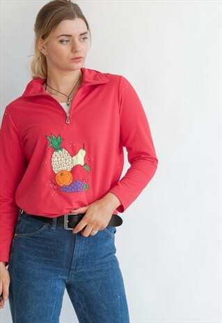 VINTAGE 80S FUNKY HALF ZIP JUMPER WITH FRUIT PATTERN