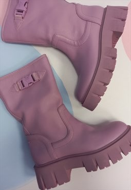 00's Chunky Heel Boots Purple Lilac 