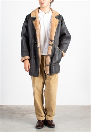 MEN'S BLACK GREY DOUBLE BREASTED SHEARLING COAT