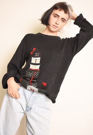 90'S RETRO EMBROIDERY BEADED KNIT FESTIVE JUMPER