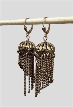 70's Vintage Earrings Ladies Dark Gold Metal Tassel Piereced